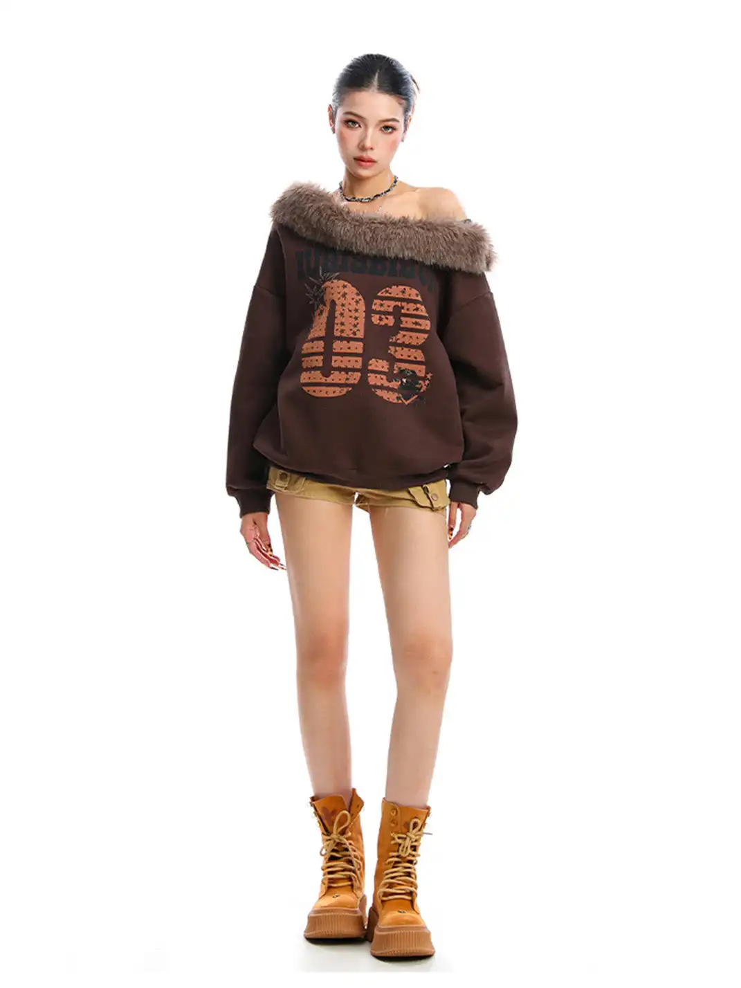 BIGGOLD | Detachable Fur Collar One Shoulder Sweatshirt