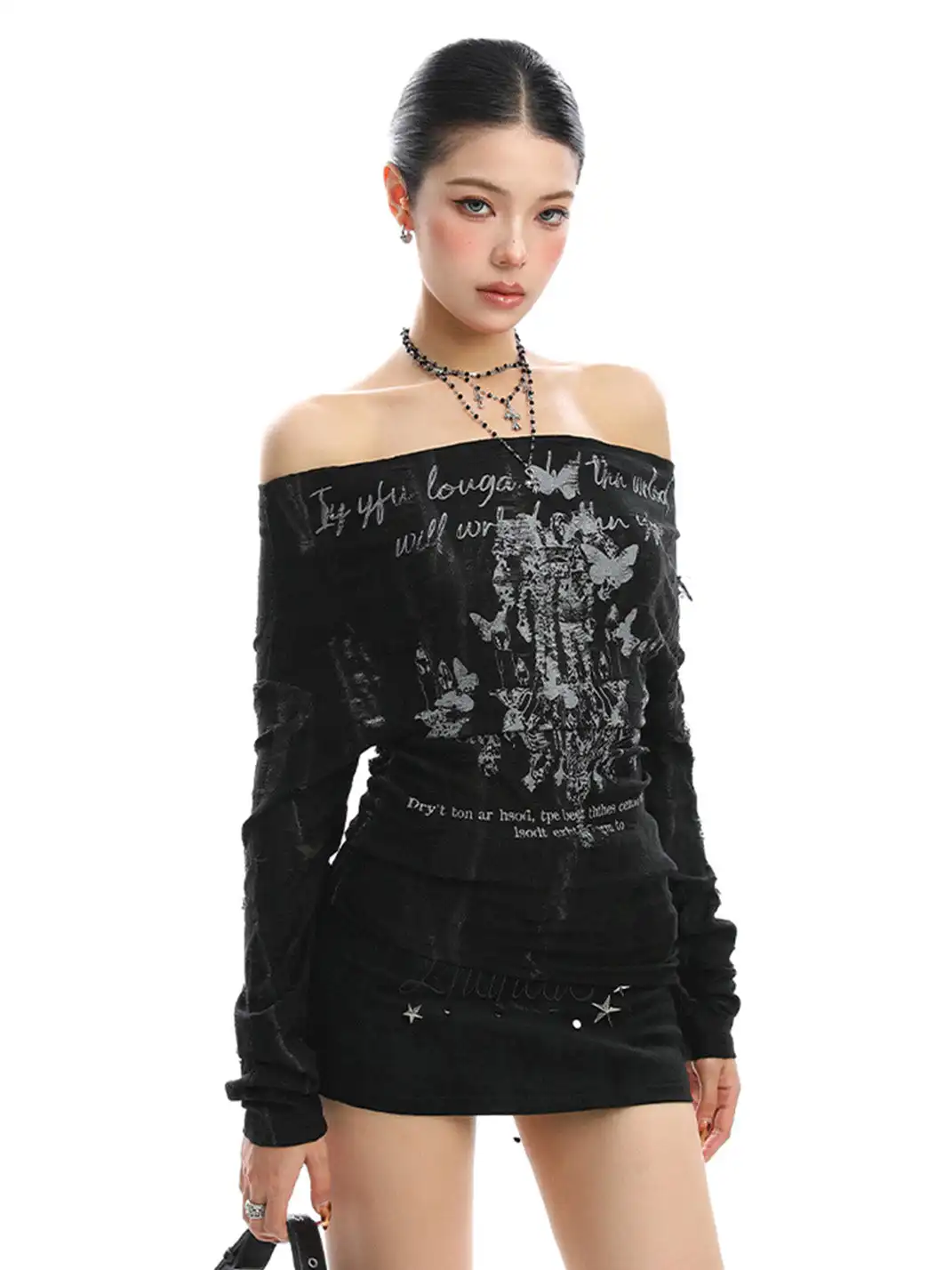 BIGGOLD | Graffiti Off Shoulder Back Lace-up Top
