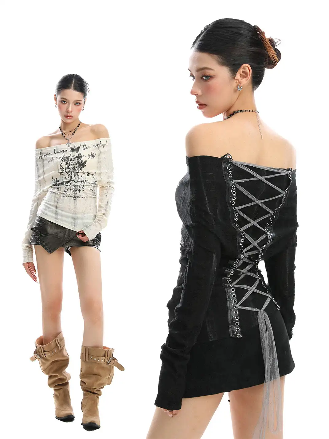 BIGGOLD | Graffiti Off Shoulder Back Lace-up Top