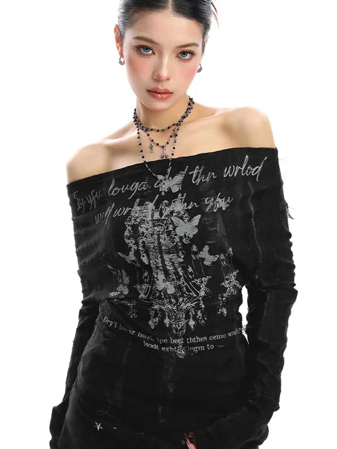 BIGGOLD | Graffiti Off Shoulder Back Lace-up Top