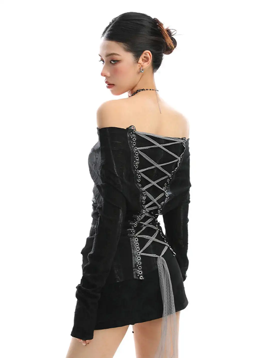 BIGGOLD | Graffiti Off Shoulder Back Lace-up Top