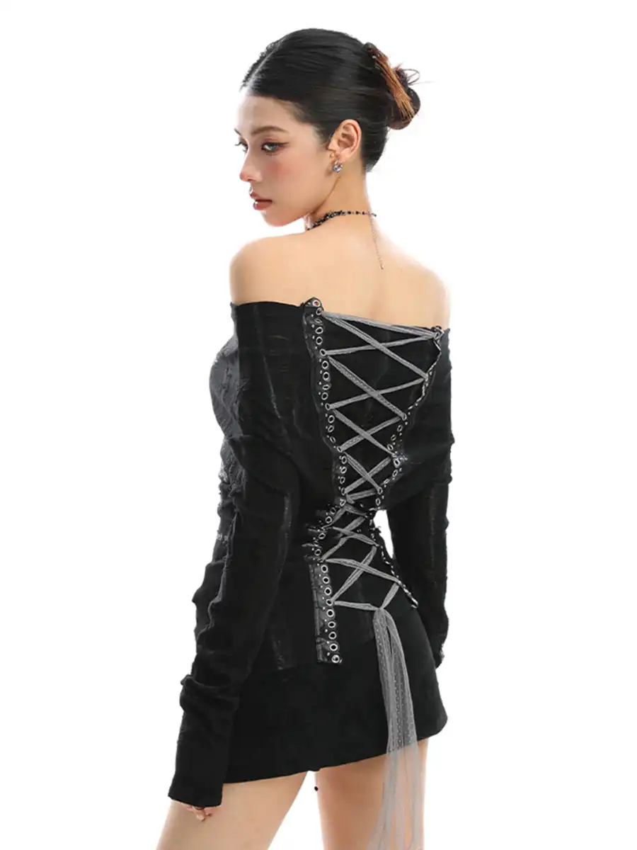 BIGGOLD | Graffiti Off Shoulder Back Lace-up Top - 2