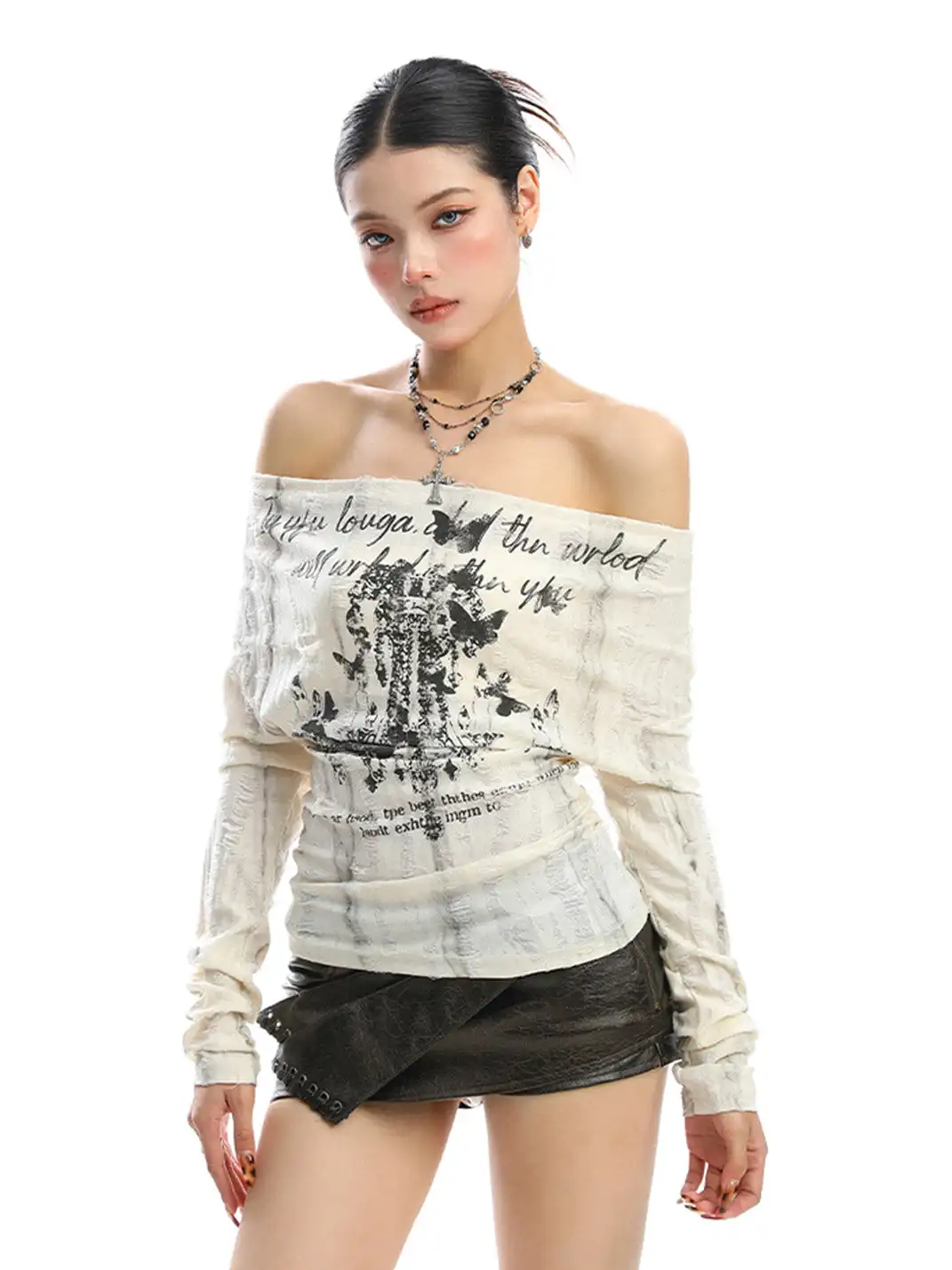 BIGGOLD | Graffiti Off Shoulder Back Lace-up Top