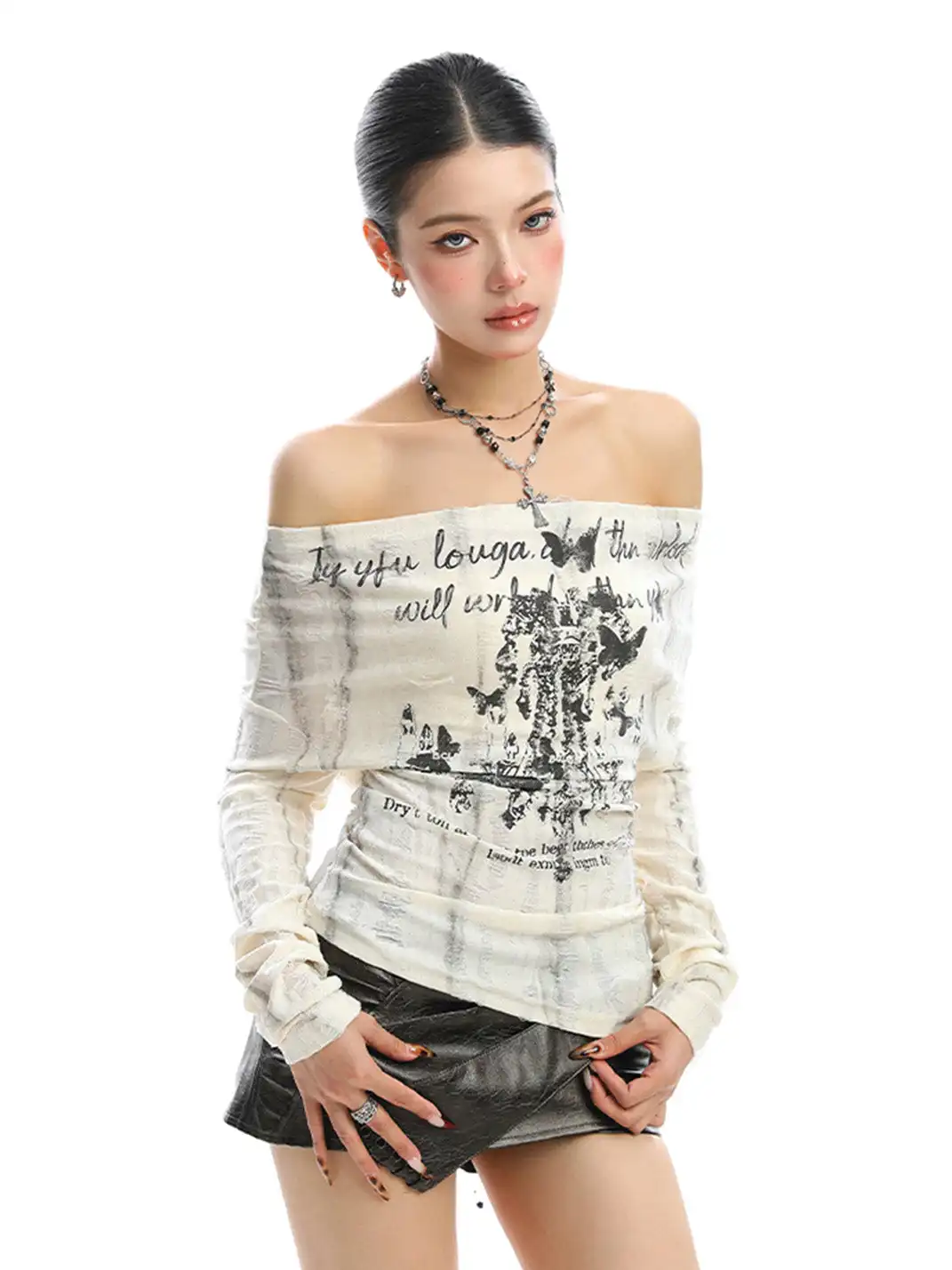 BIGGOLD | Graffiti Off Shoulder Back Lace-up Top