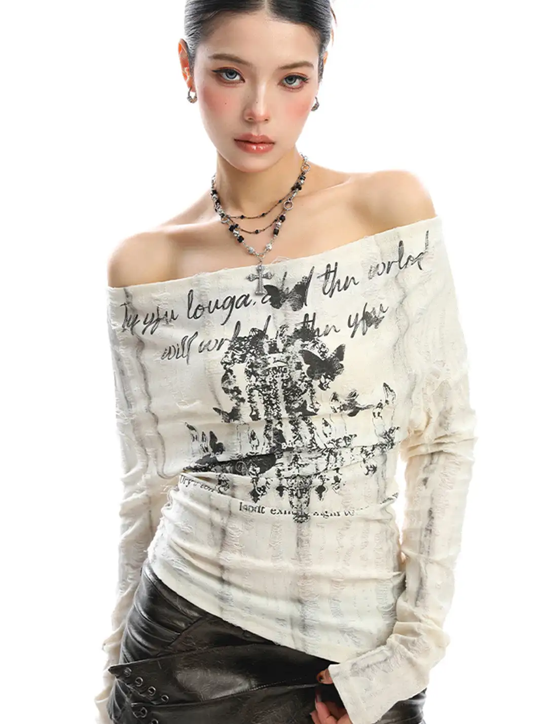 BIGGOLD | Graffiti Off Shoulder Back Lace-up Top