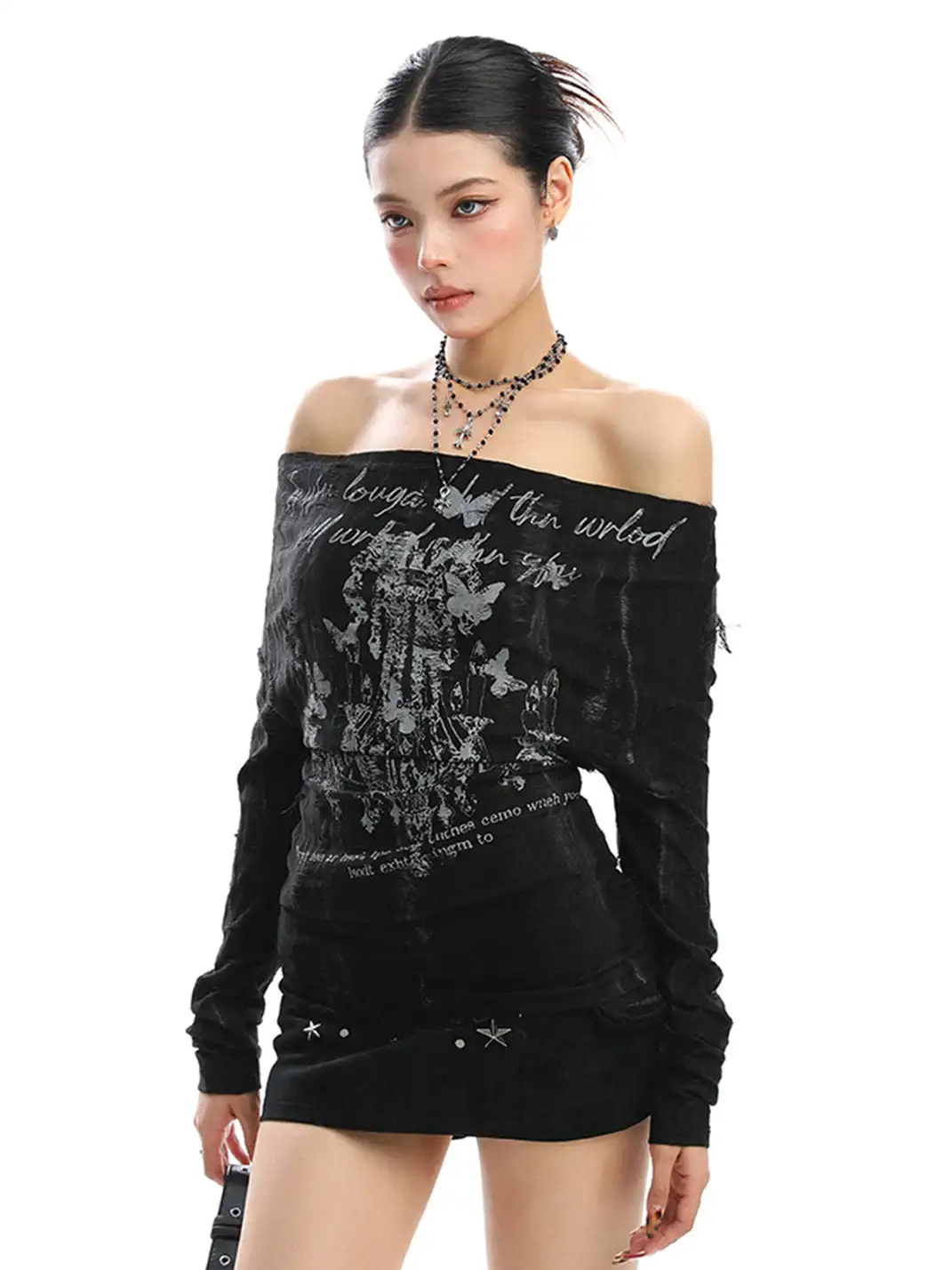 BIGGOLD | Graffiti Off Shoulder Back Lace-up Top