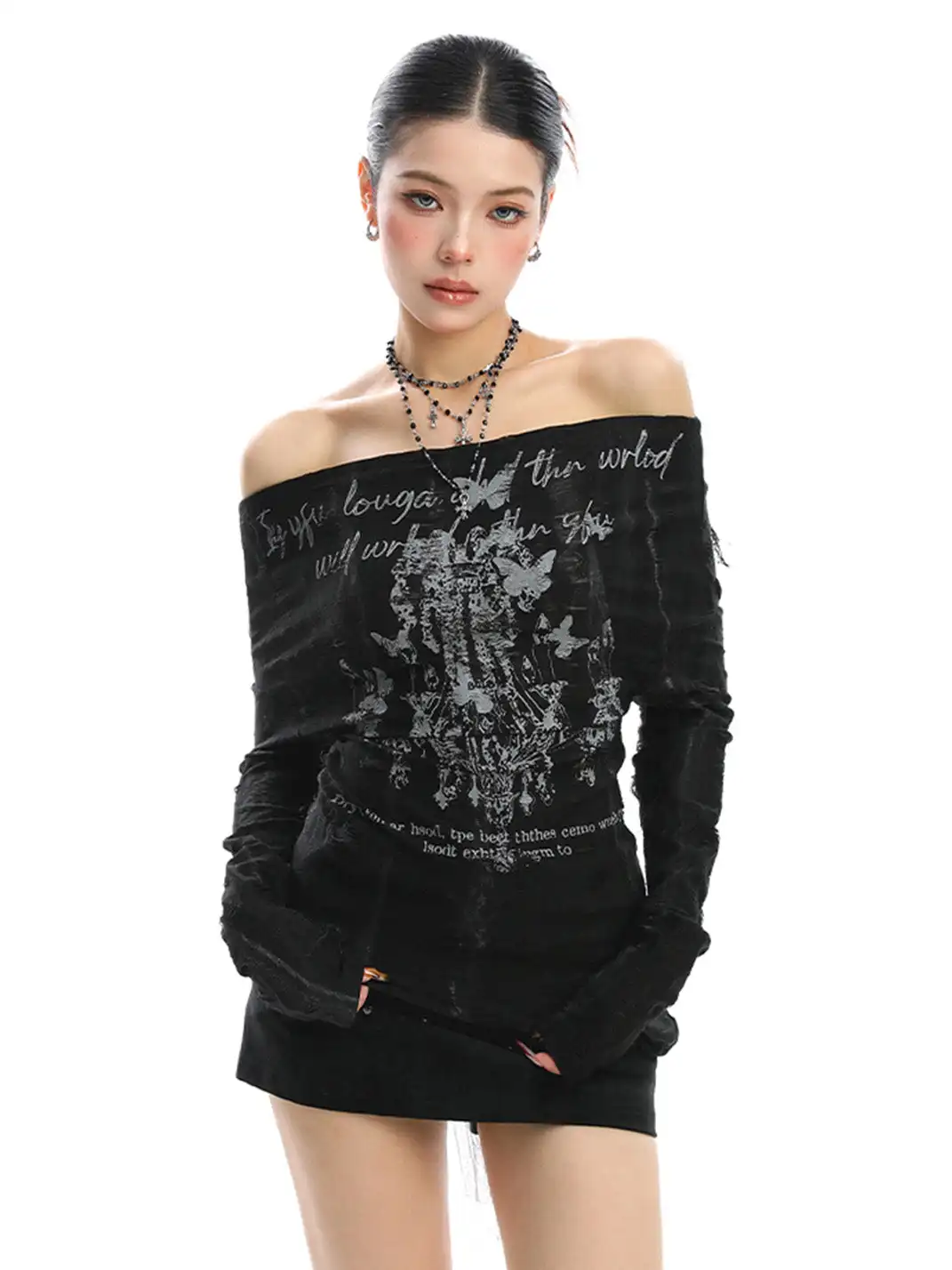 BIGGOLD | Graffiti Off Shoulder Back Lace-up Top