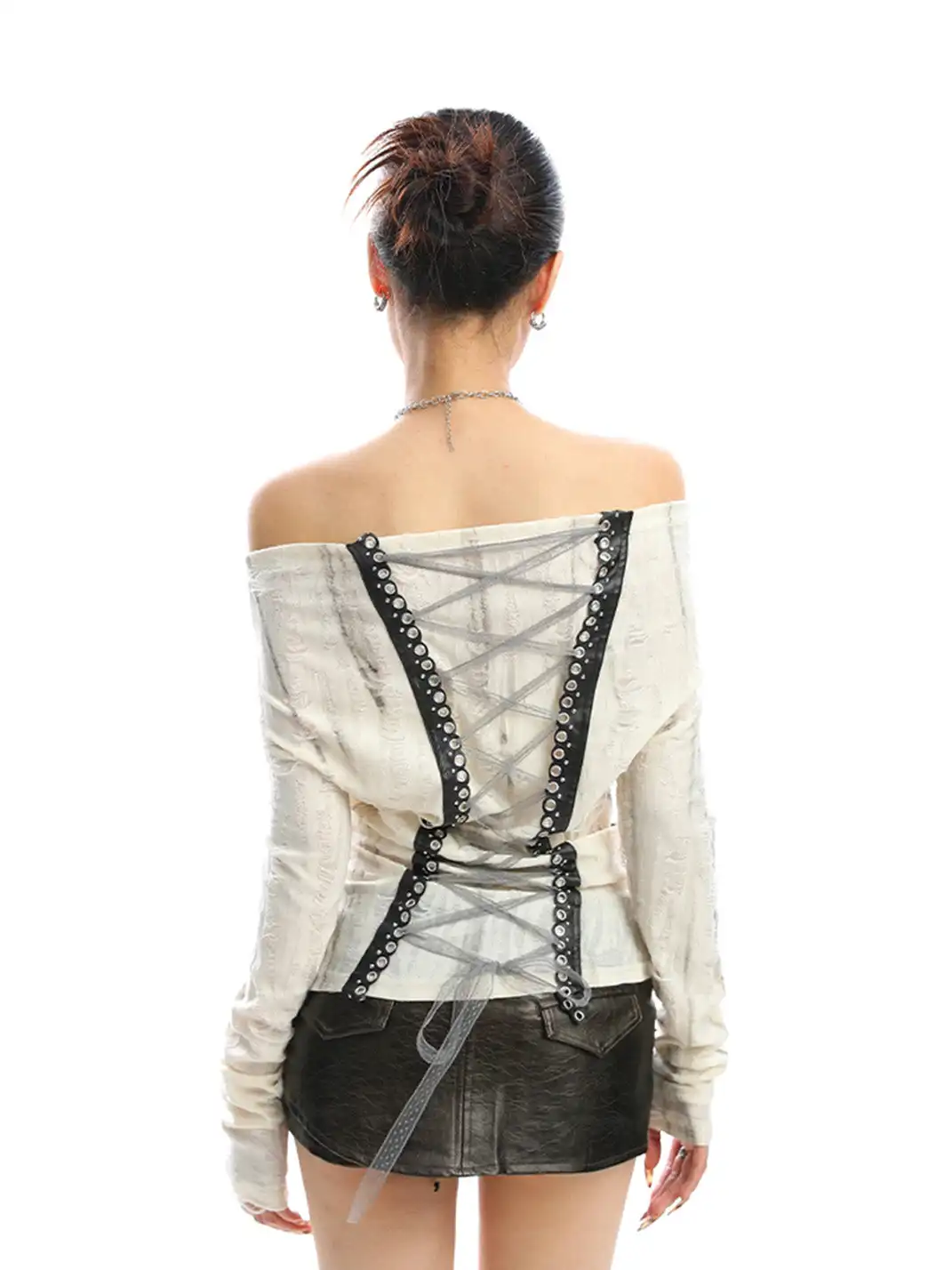 BIGGOLD | Graffiti Off Shoulder Back Lace-up Top