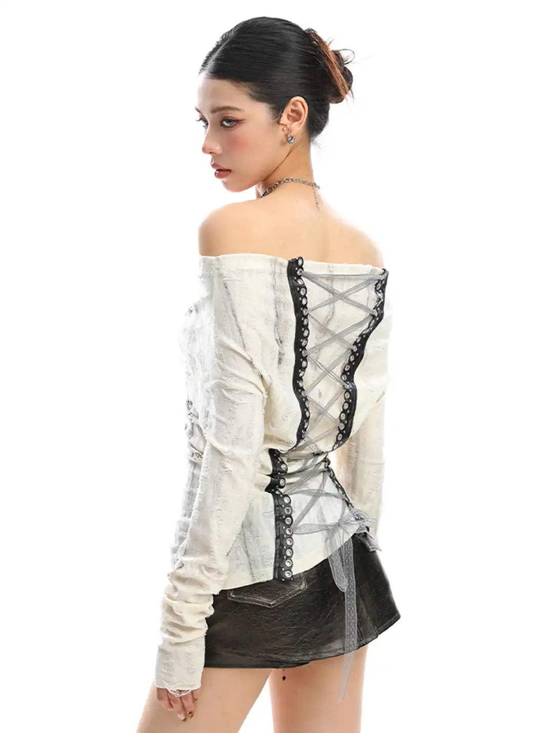 BIGGOLD | Graffiti Off Shoulder Back Lace-up Top