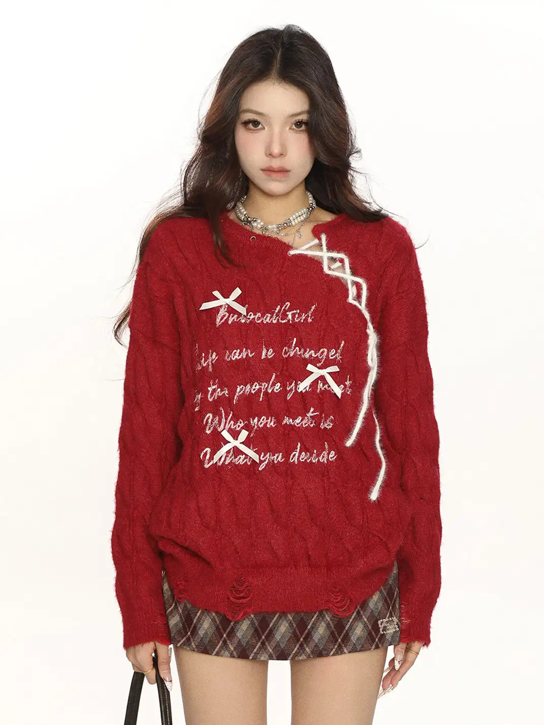 BIGGOLD | Cable Knit Bows Lacing Sweater