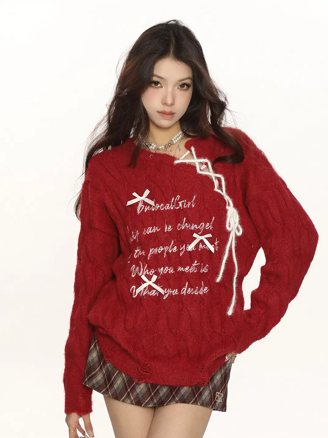 BIGGOLD | Cable Knit Bows Lacing Sweater