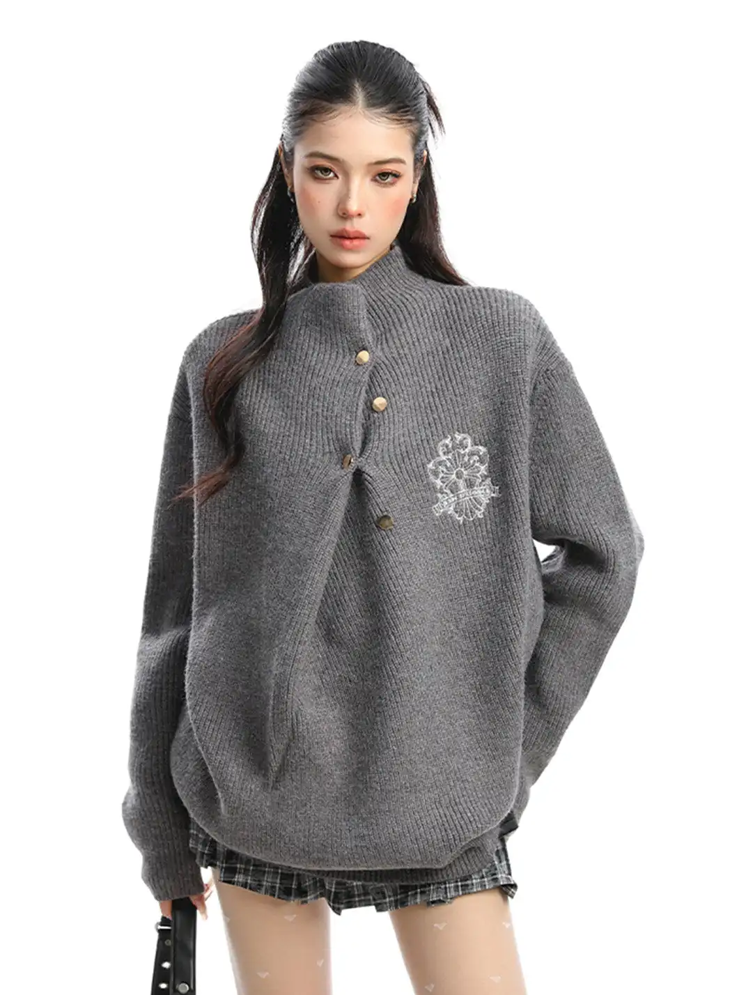 BIGGOLD | Irregular Neckline Embroidered Sweater
