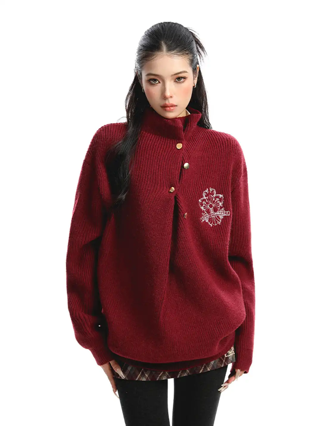 BIGGOLD | Irregular Neckline Embroidered Sweater