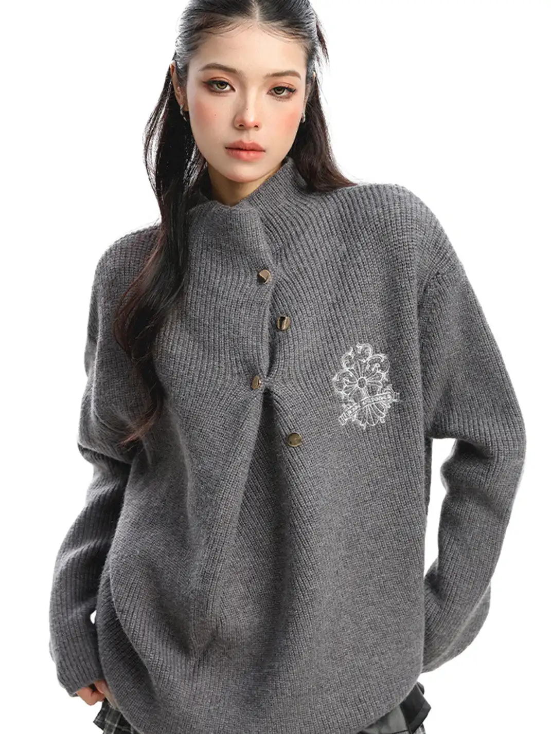 BIGGOLD | Irregular Neckline Embroidered Sweater