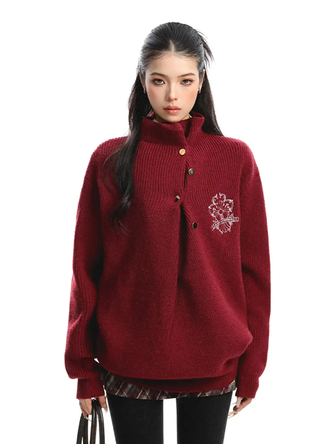 BIGGOLD | Irregular Neckline Embroidered Sweater