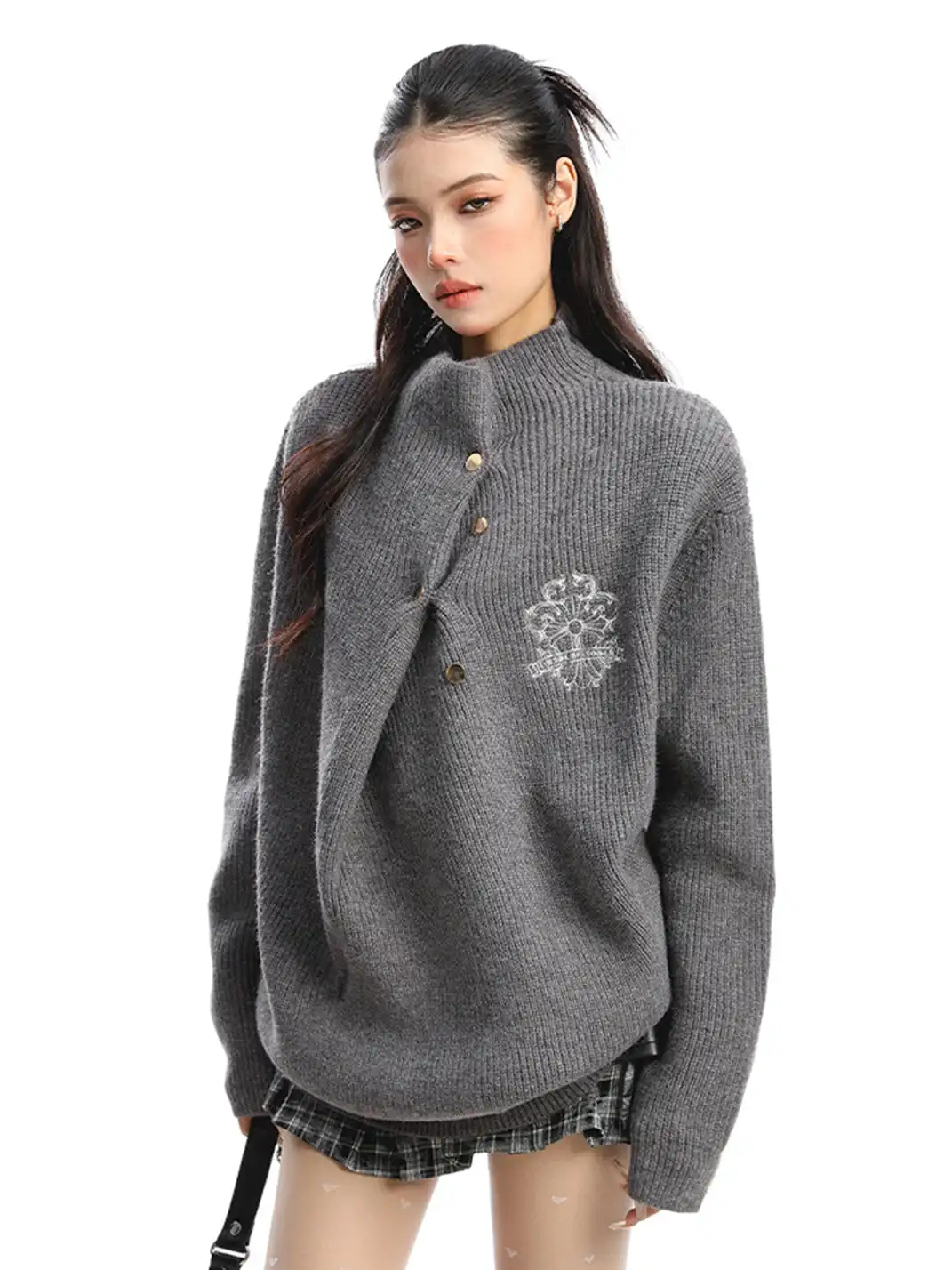 BIGGOLD | Irregular Neckline Embroidered Sweater