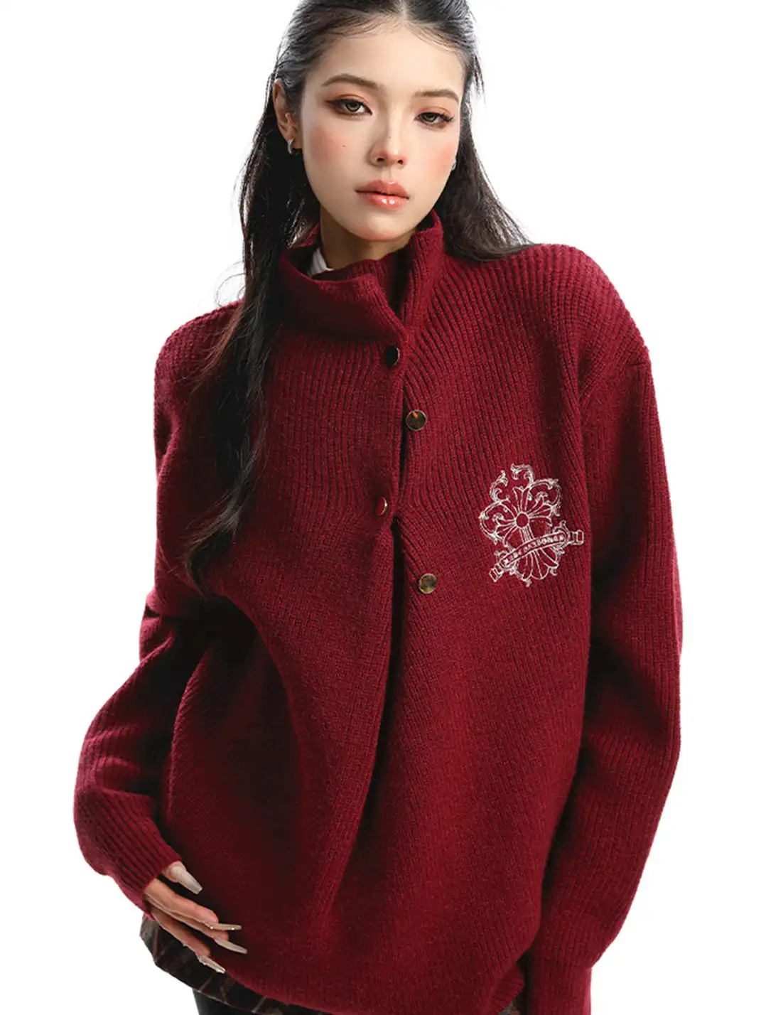 BIGGOLD | Irregular Neckline Embroidered Sweater