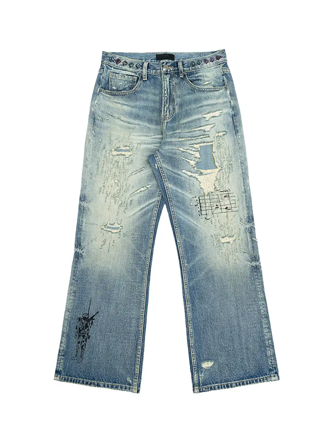 The Butchers Riot | Embroidered Washed Blue Straight Jeans