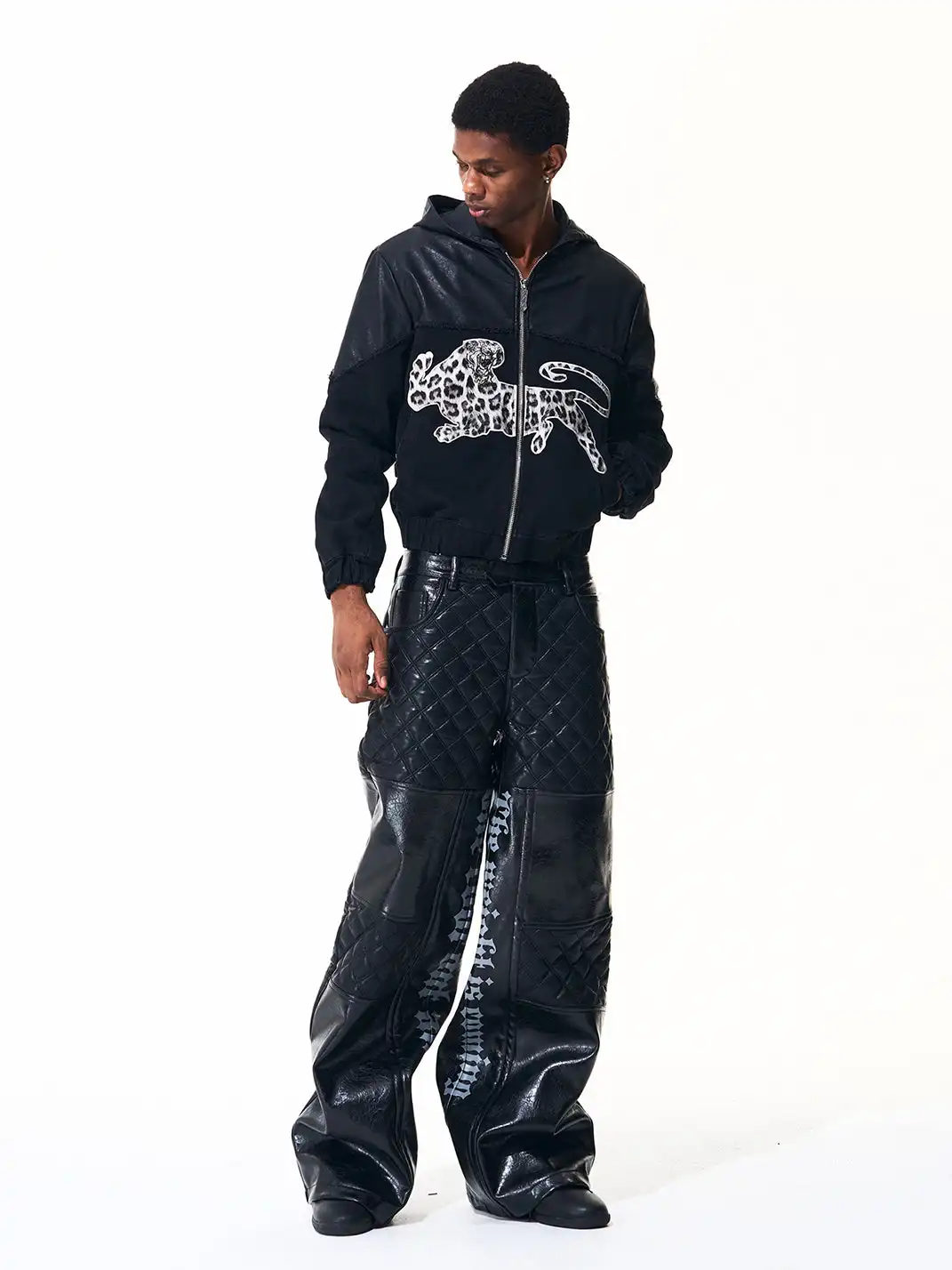 Fourth3ex | Letter Print Quilted PU Pants