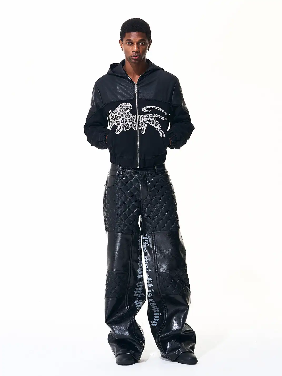 Fourth3ex | Letter Print Quilted PU Pants