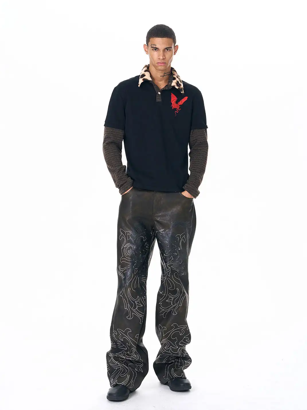 Fourth3ex | Leopard Fur Collar Knit Sleeve Polo Shirt