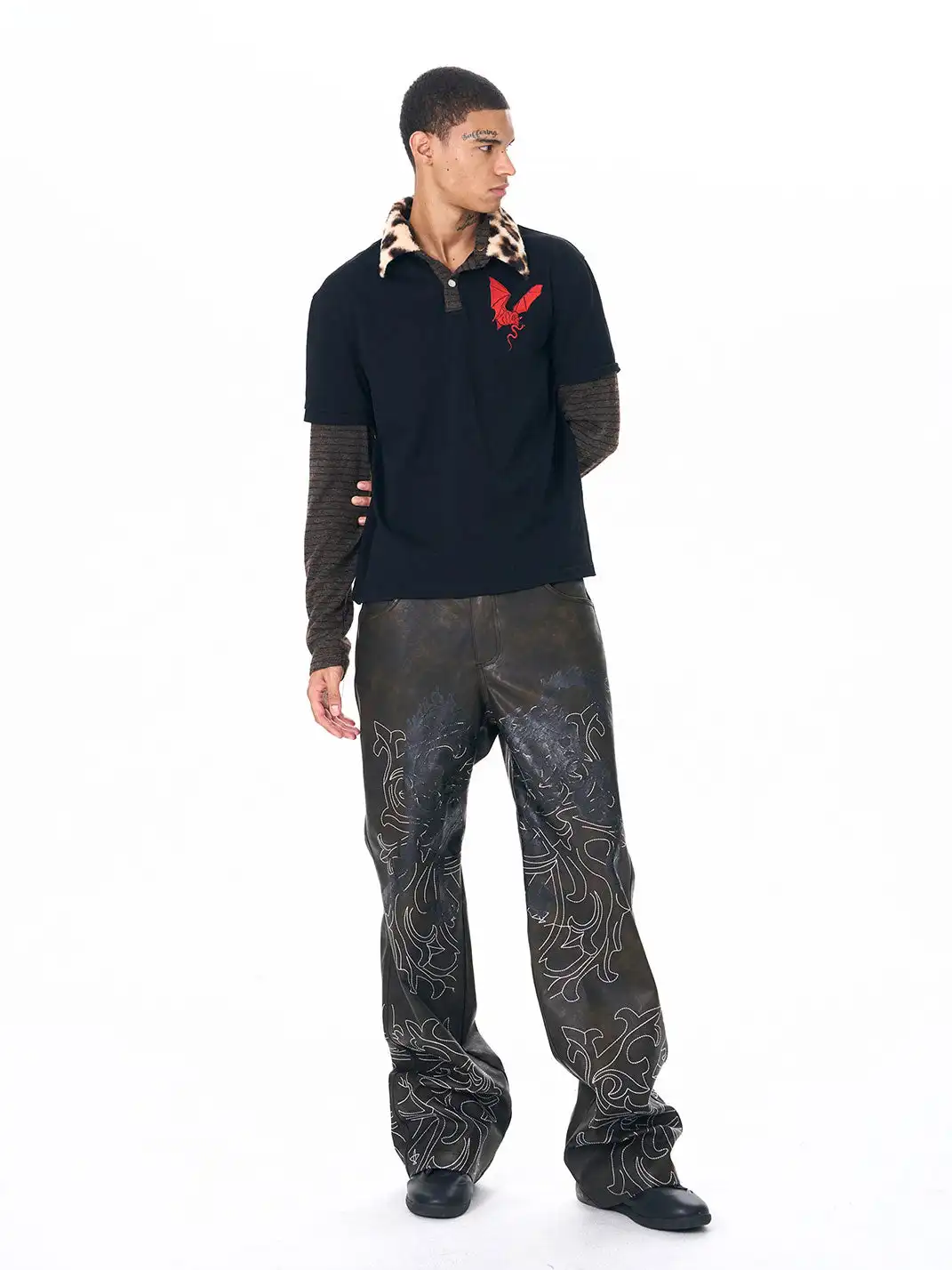 Fourth3ex | Leopard Fur Collar Knit Sleeve Polo Shirt