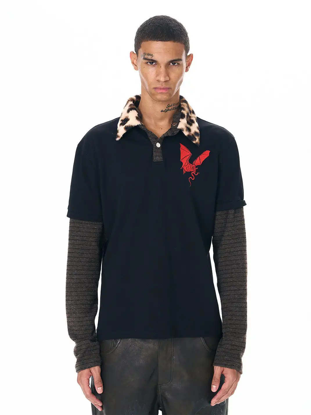 Fourth3ex | Leopard Fur Collar Knit Sleeve Polo Shirt