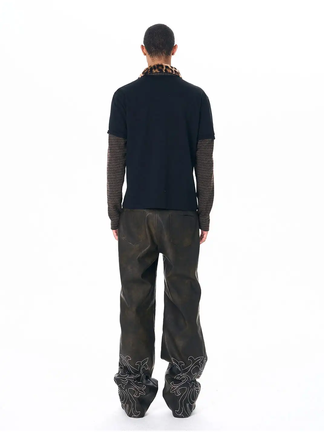 Fourth3ex | Leopard Fur Collar Knit Sleeve Polo Shirt