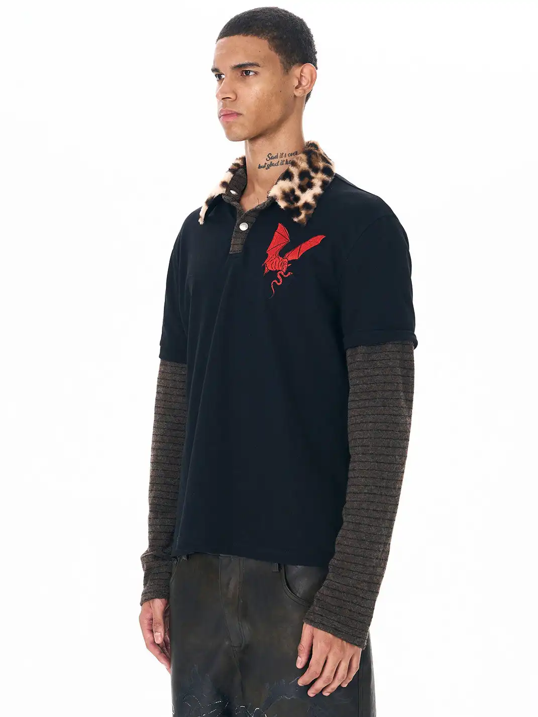 Fourth3ex | Leopard Fur Collar Knit Sleeve Polo Shirt