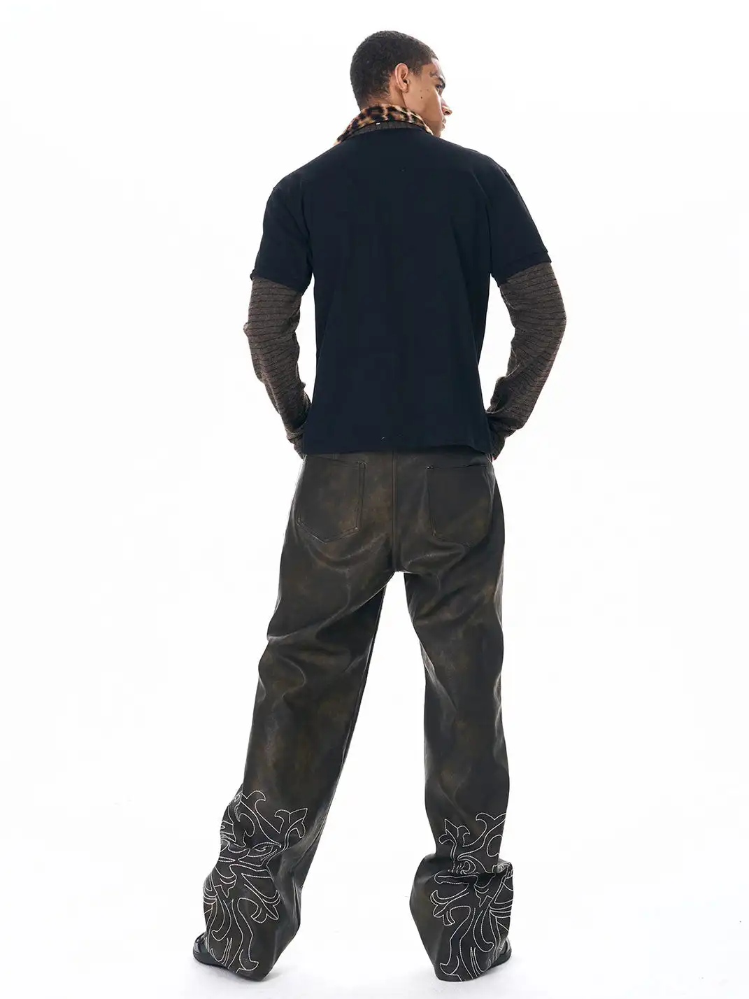 Fourth3ex | Leopard Fur Collar Knit Sleeve Polo Shirt