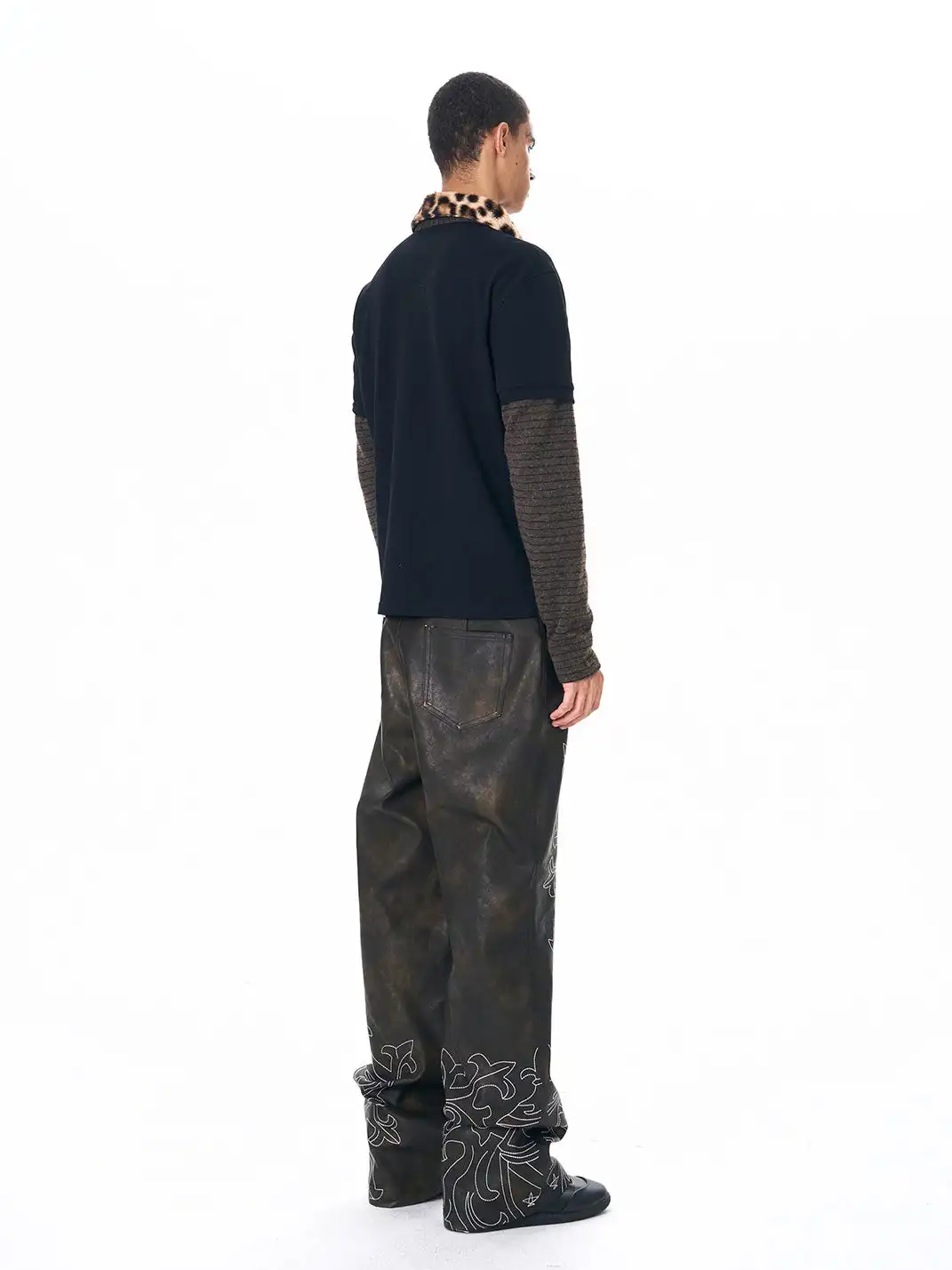 Fourth3ex | Leopard Fur Collar Knit Sleeve Polo Shirt