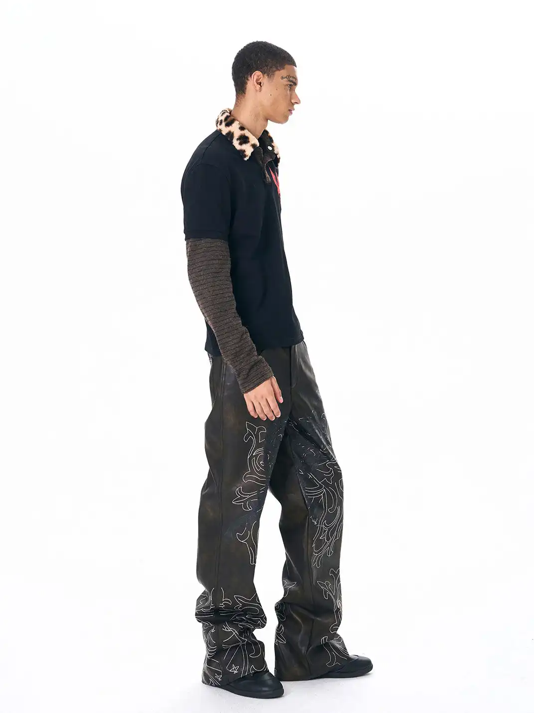 Fourth3ex | Leopard Fur Collar Knit Sleeve Polo Shirt