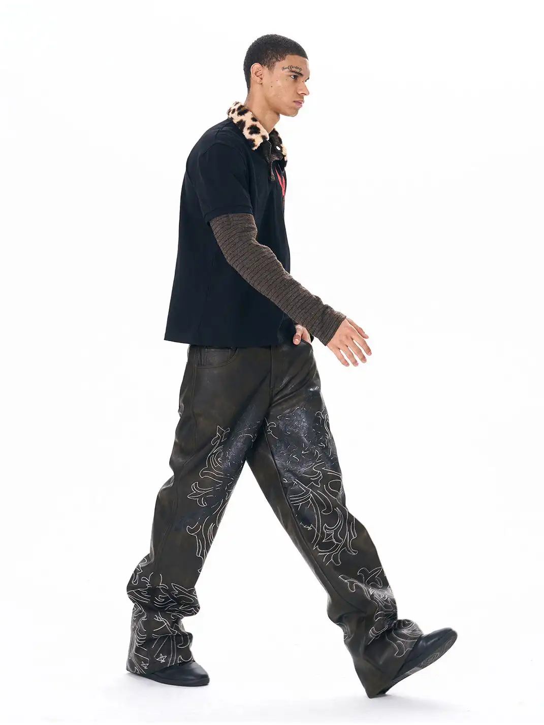 Fourth3ex | Leopard Fur Collar Knit Sleeve Polo Shirt
