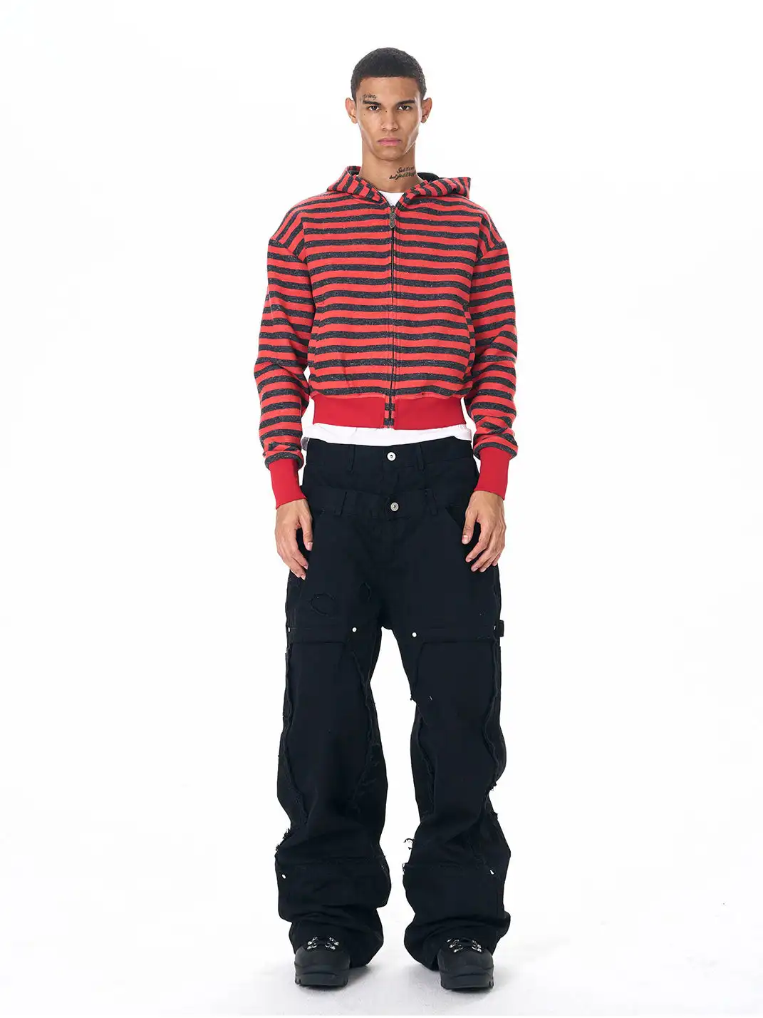 Fourth3ex | Biker Embroidery Striped Hooded Jacket