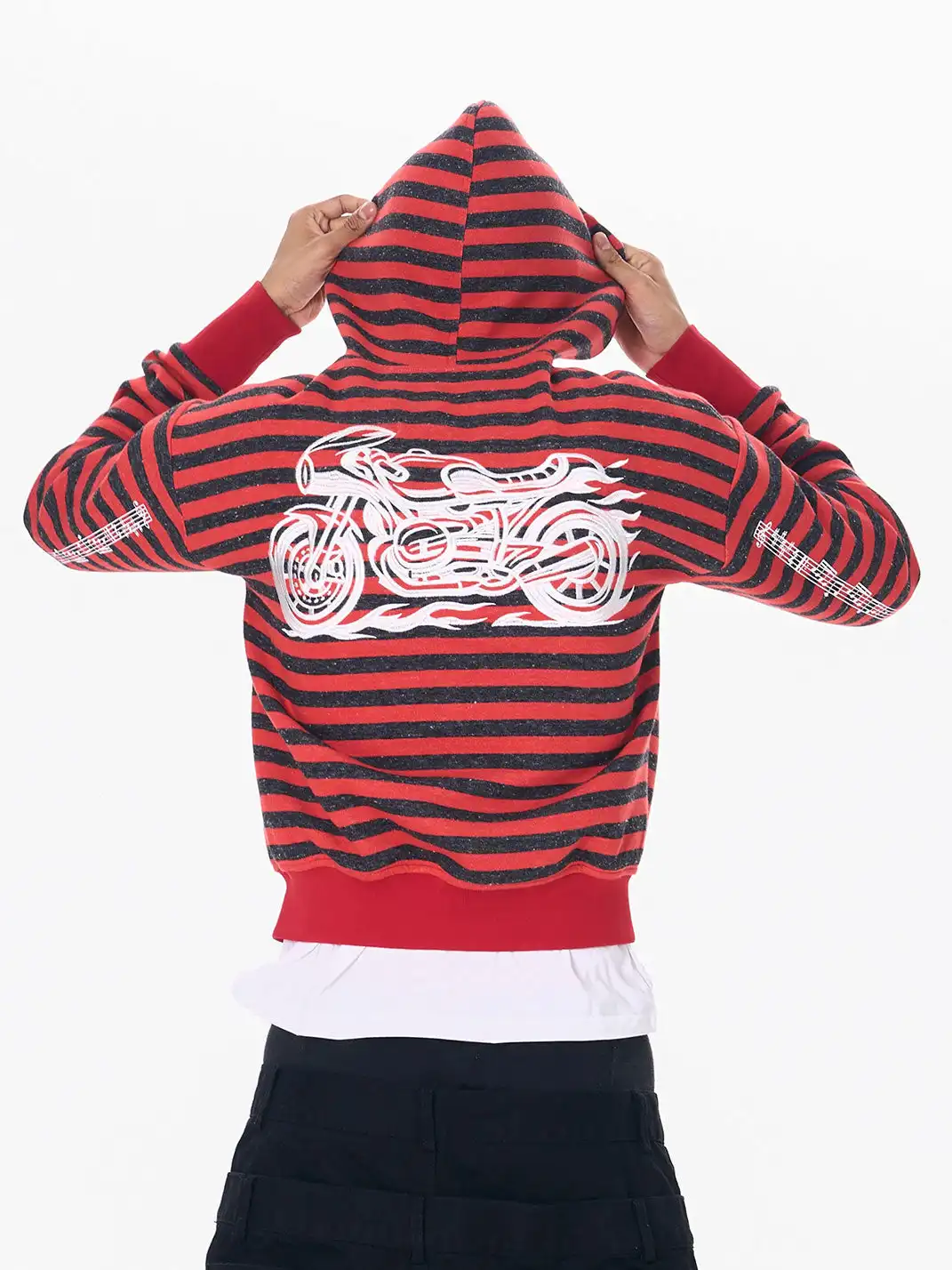 Fourth3ex | Biker Embroidery Striped Hooded Jacket