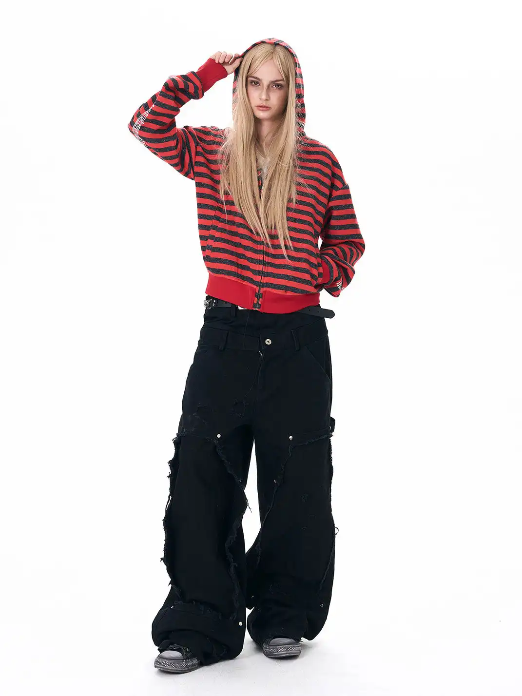 Fourth3ex | Biker Embroidery Striped Hooded Jacket