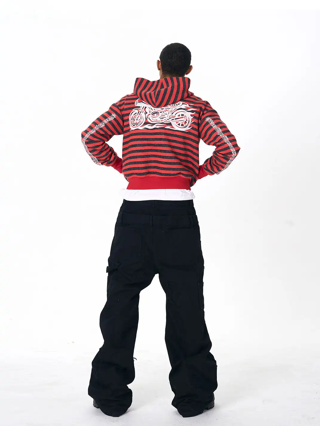 Fourth3ex | Biker Embroidery Striped Hooded Jacket