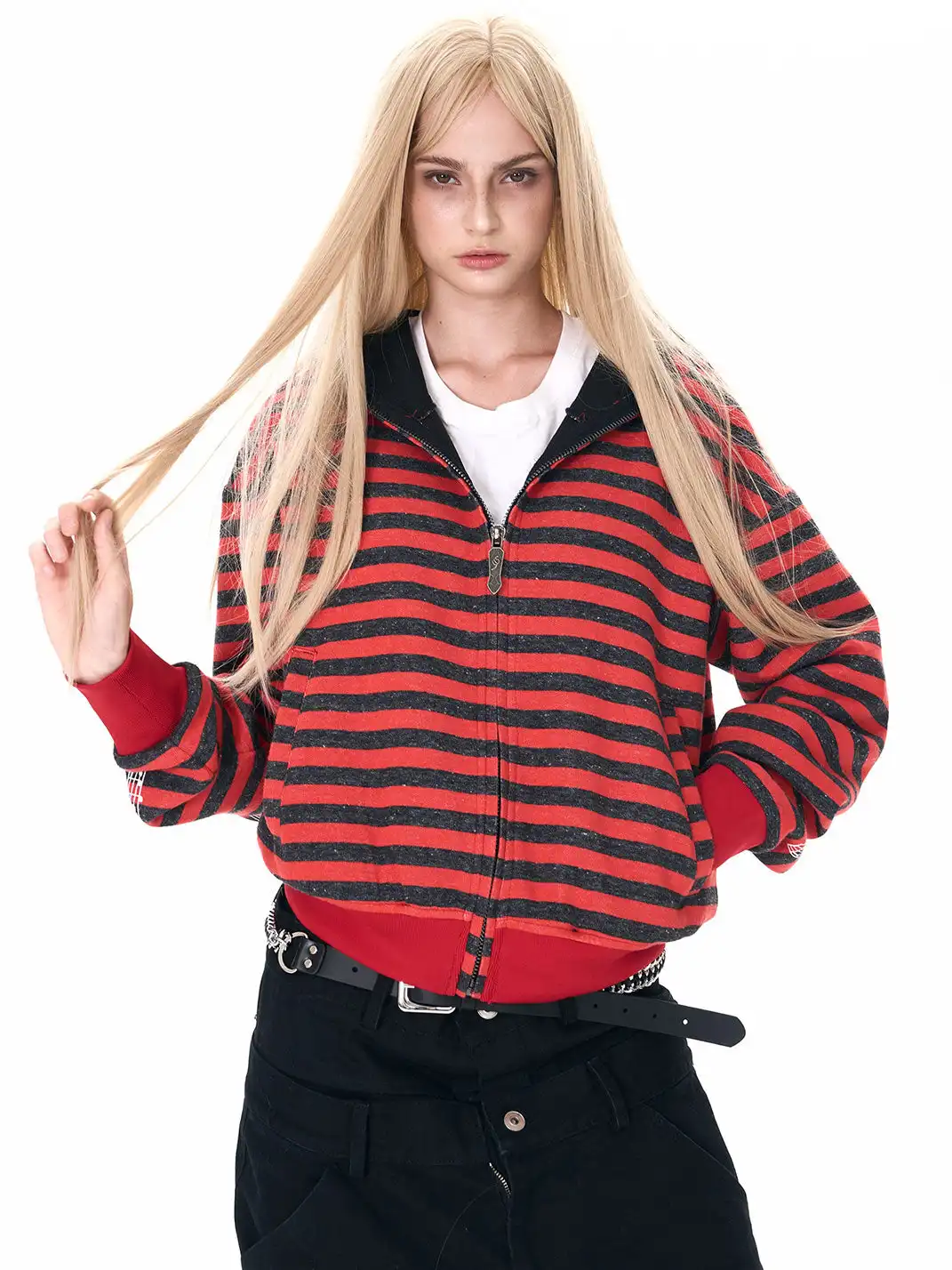 Fourth3ex | Biker Embroidery Striped Hooded Jacket