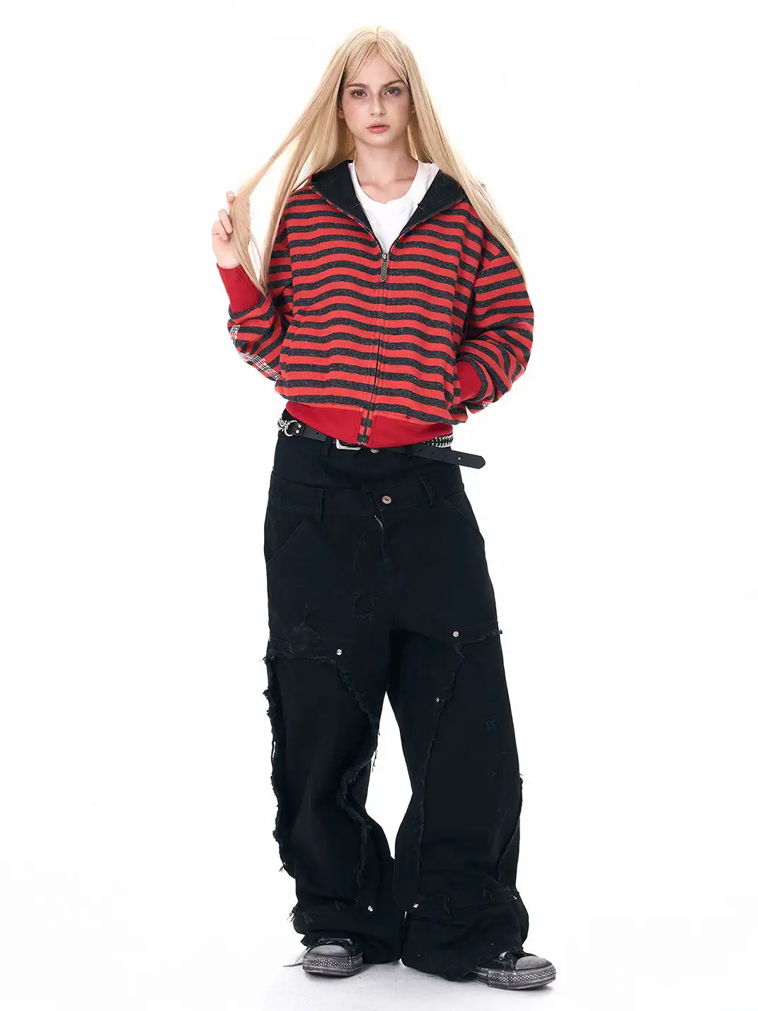 Fourth3ex | Biker Embroidery Striped Hooded Jacket