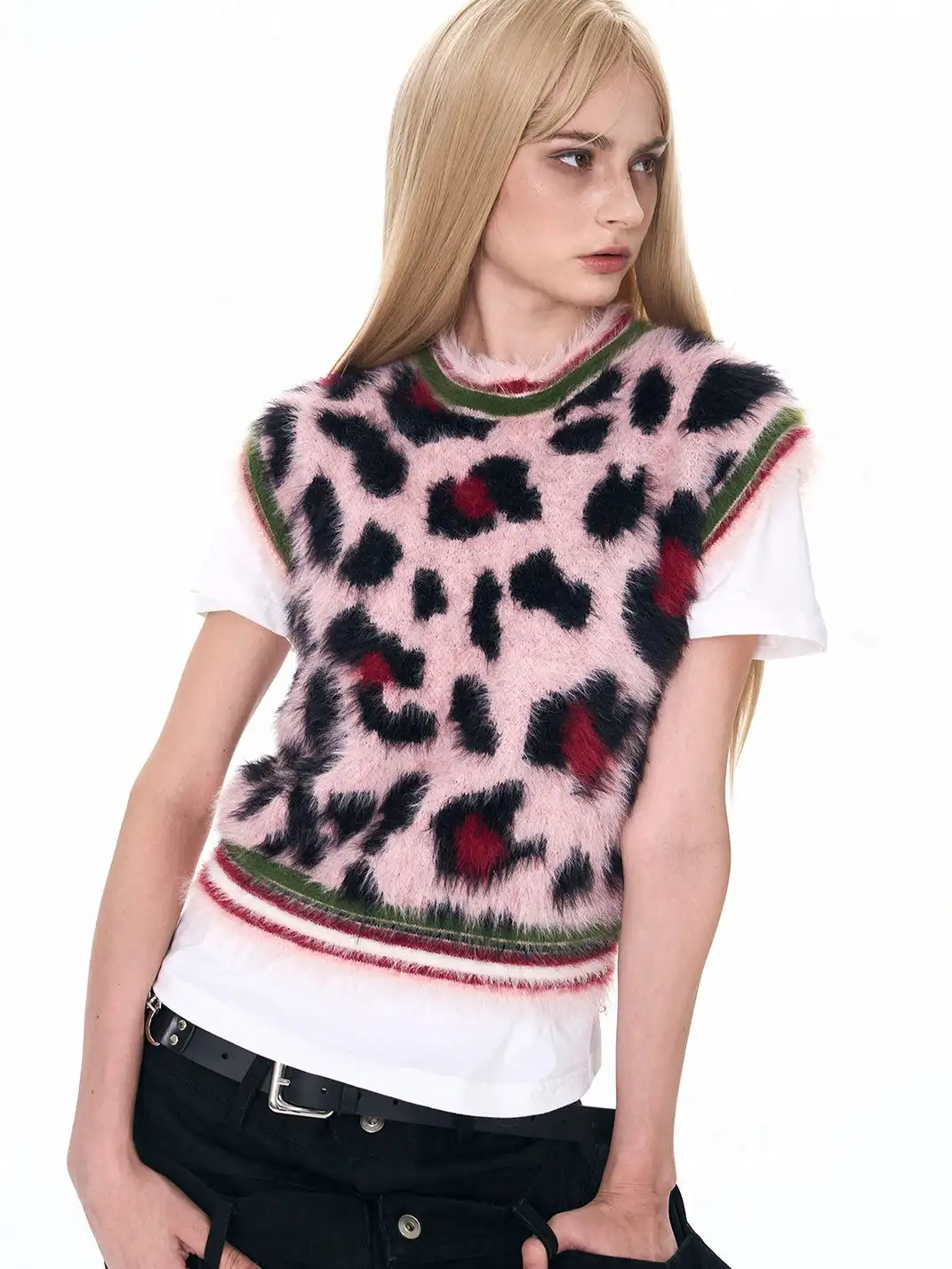 Fourth3ex | Pink Leopard Hairy Knit Vest