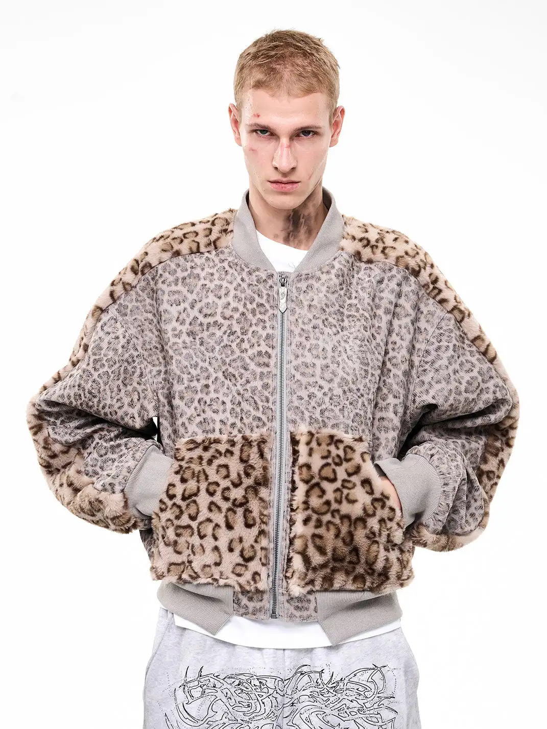Fourth3ex | Corduroy Leopard Fur-Panel Baseball Jacket
