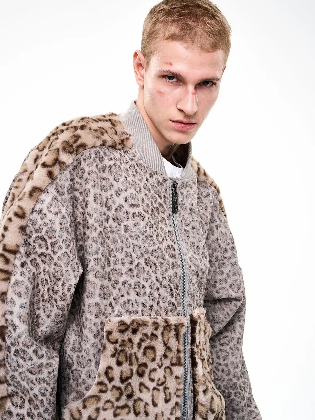 Fourth3ex | Corduroy Leopard Fur-Panel Baseball Jacket