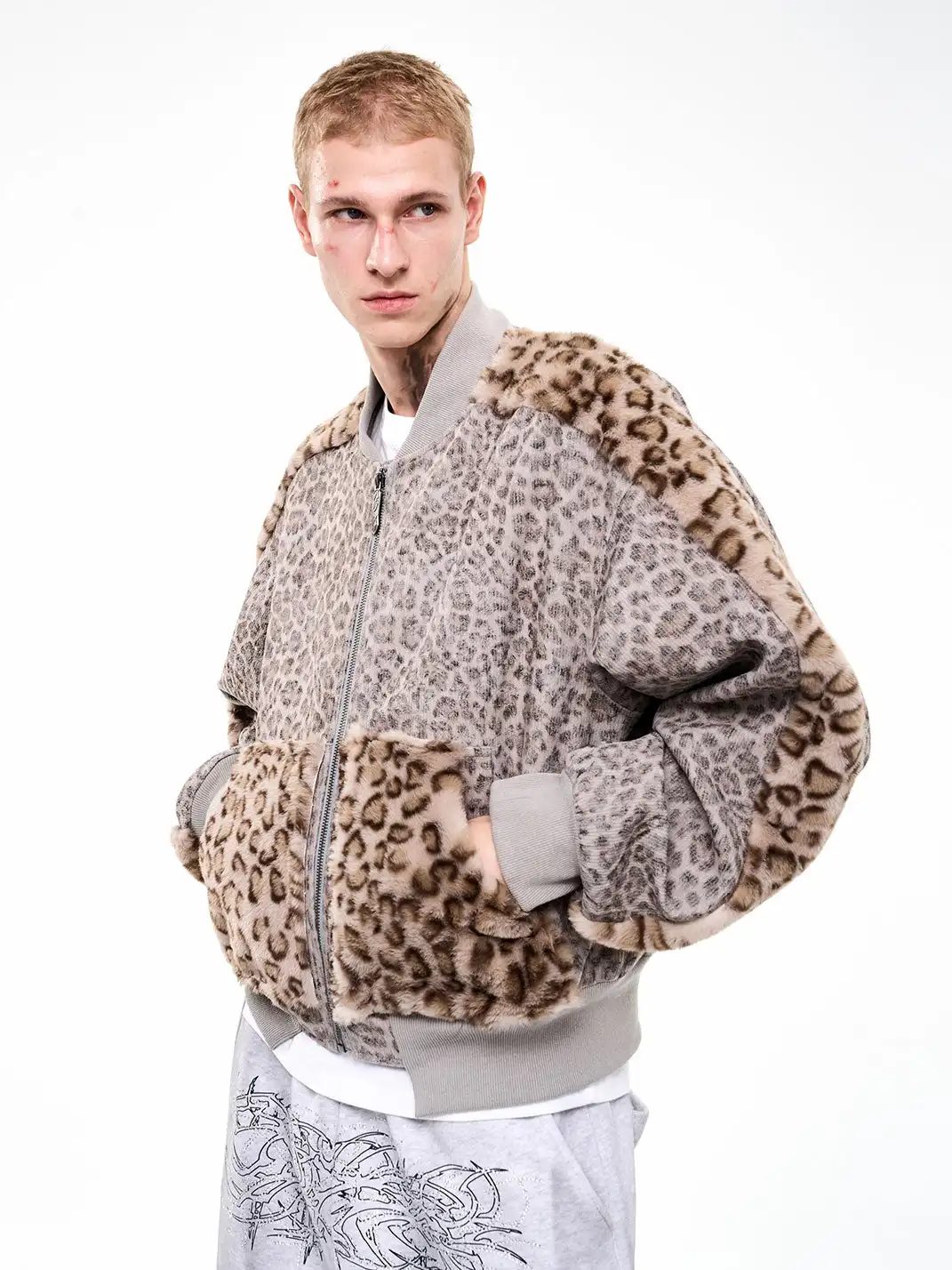 Fourth3ex | Corduroy Leopard Fur-Panel Baseball Jacket