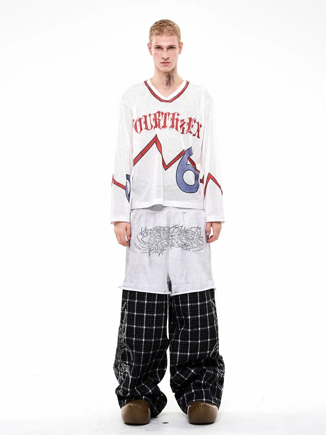 Fourth3ex | Rhinestone Print Splicing Plaid Wide-Leg Pants