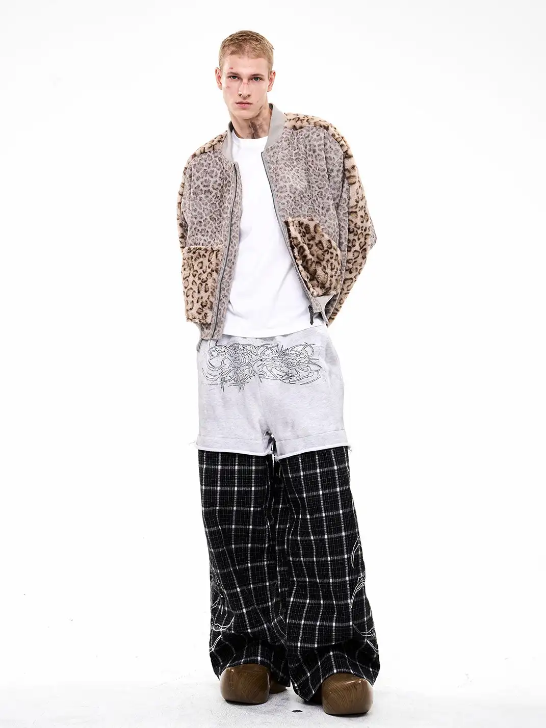 Fourth3ex | Rhinestone Print Splicing Plaid Wide-Leg Pants