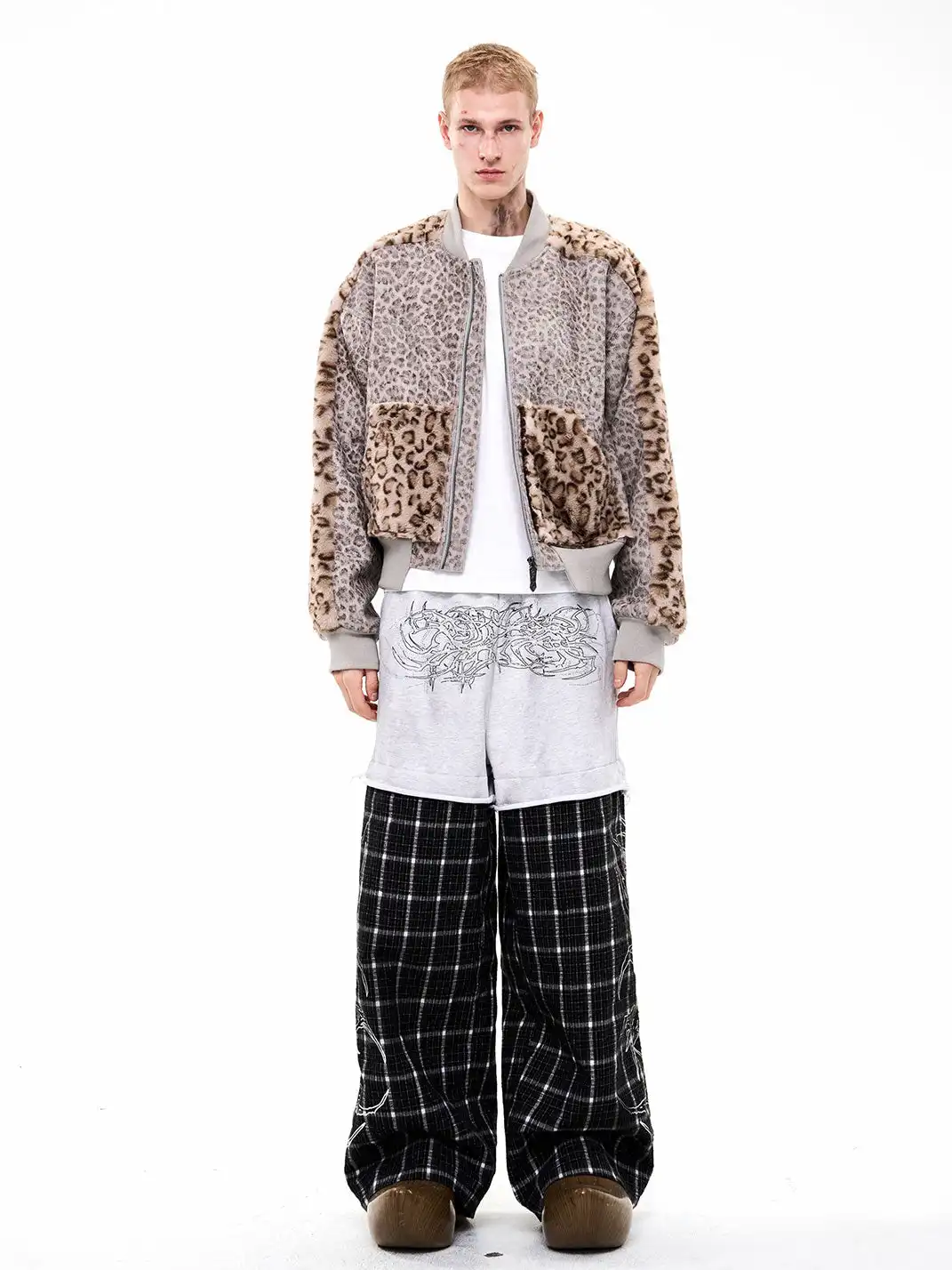 Fourth3ex | Rhinestone Print Splicing Plaid Wide-Leg Pants