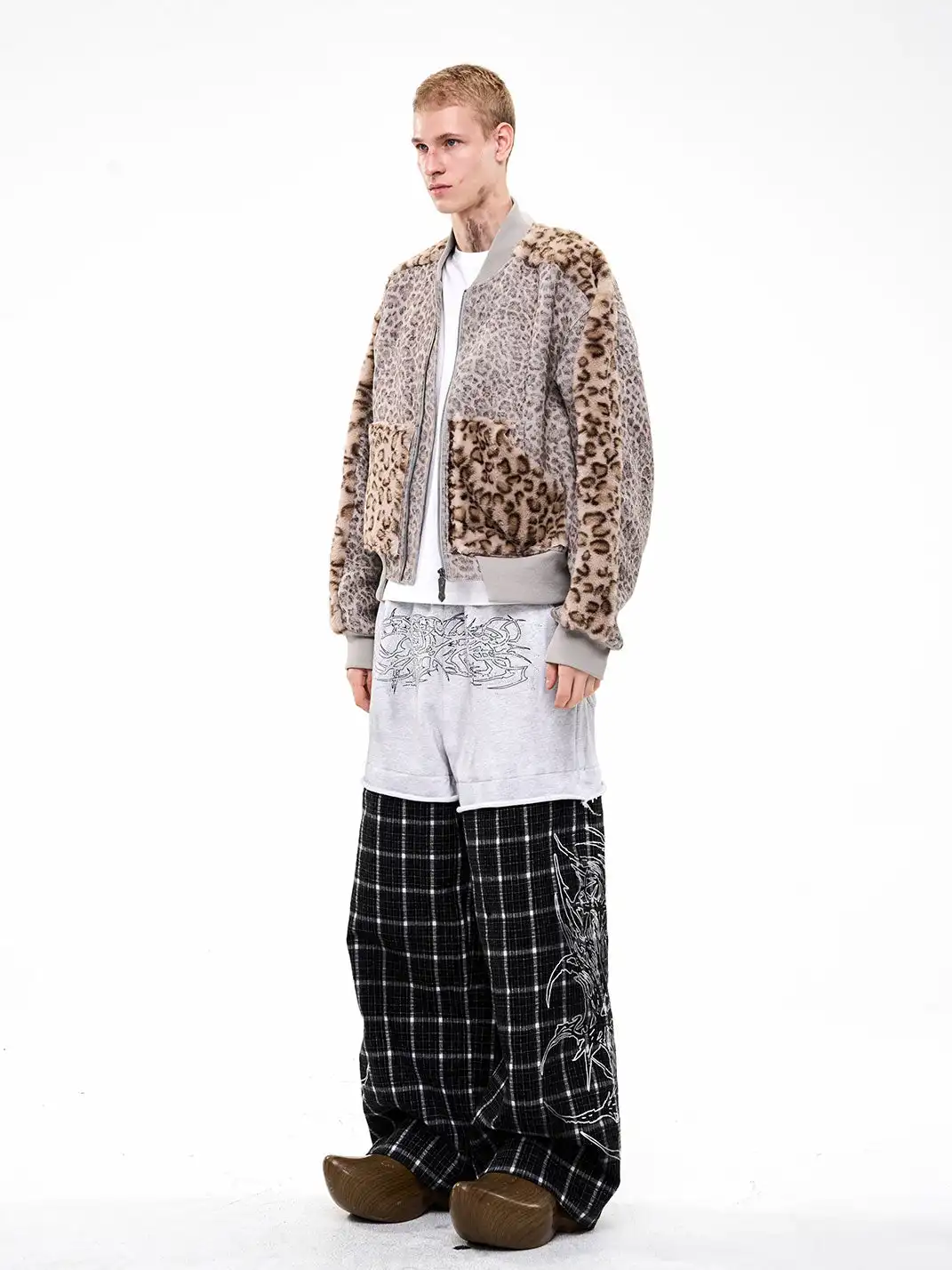 Fourth3ex | Rhinestone Print Splicing Plaid Wide-Leg Pants