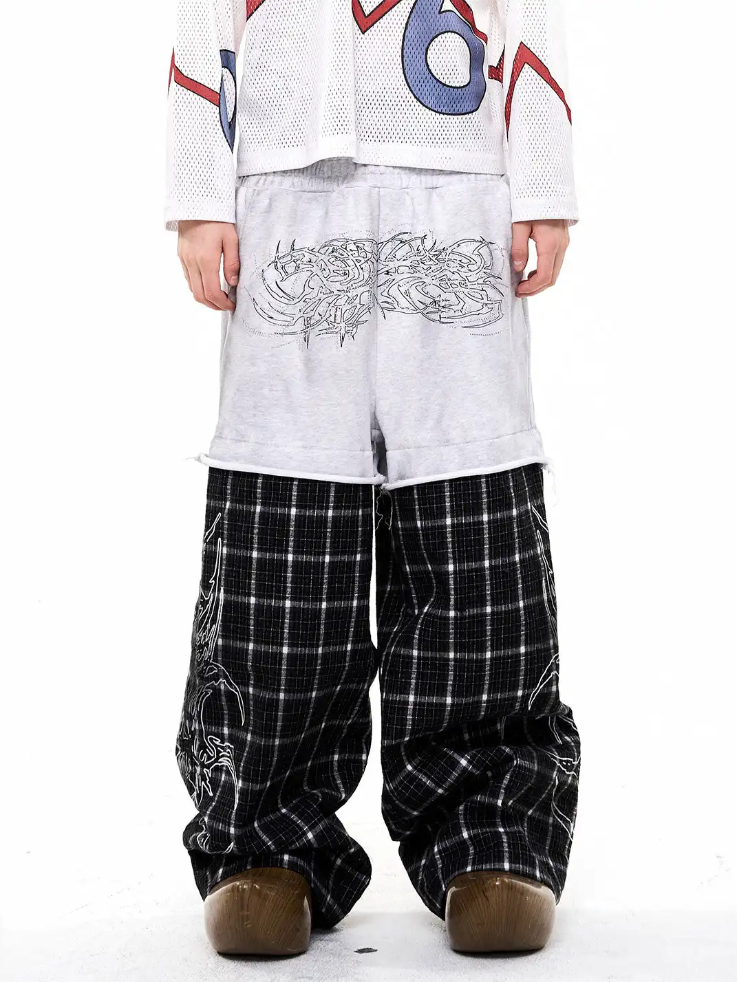 Fourth3ex | Rhinestone Print Splicing Plaid Wide-Leg Pants