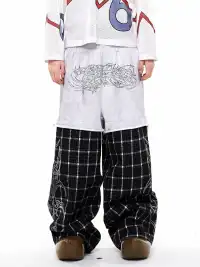 Fourth3ex | Rhinestone Print Splicing Plaid Wide-Leg Pants
