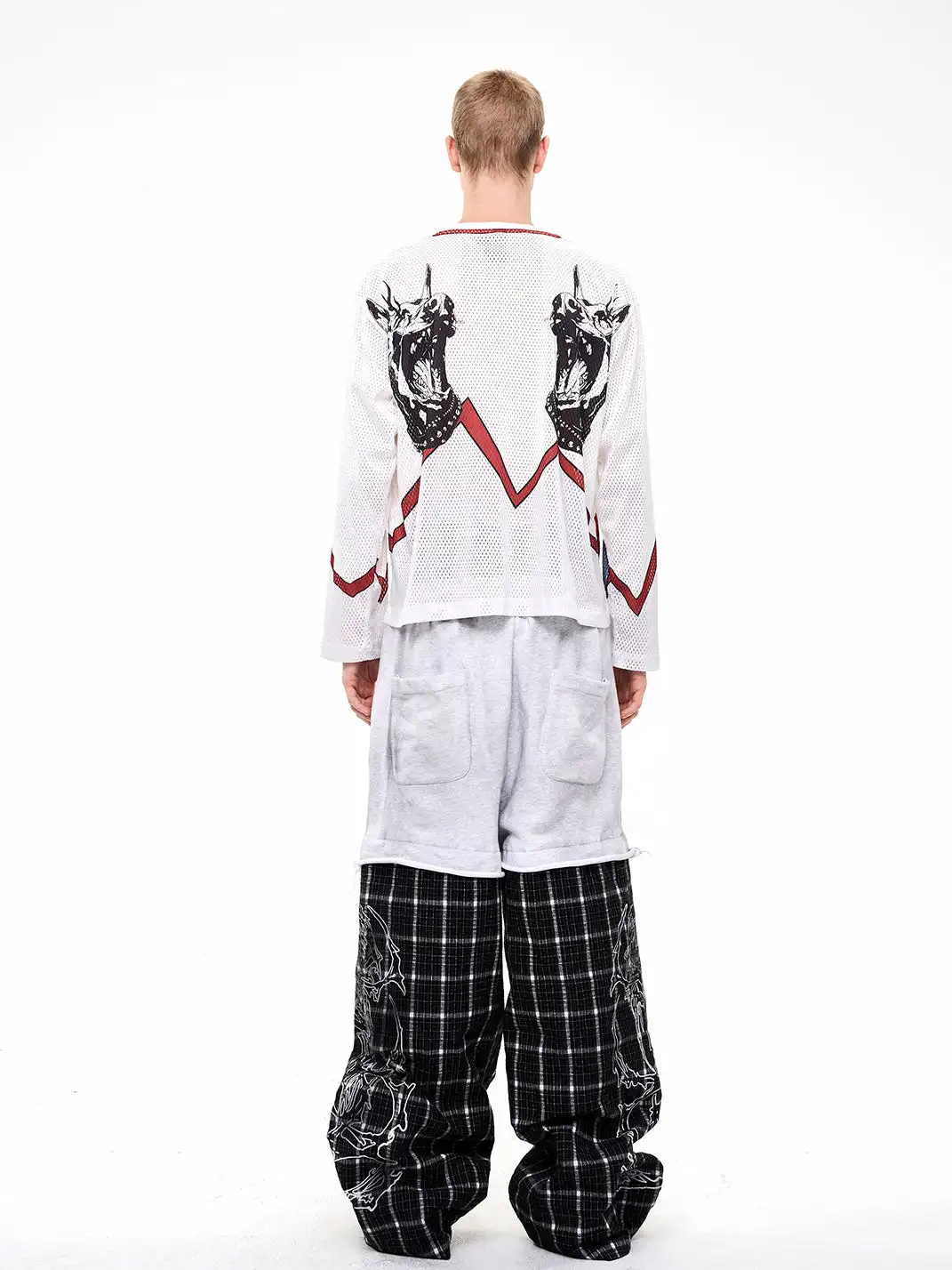 Fourth3ex | Rhinestone Print Splicing Plaid Wide-Leg Pants
